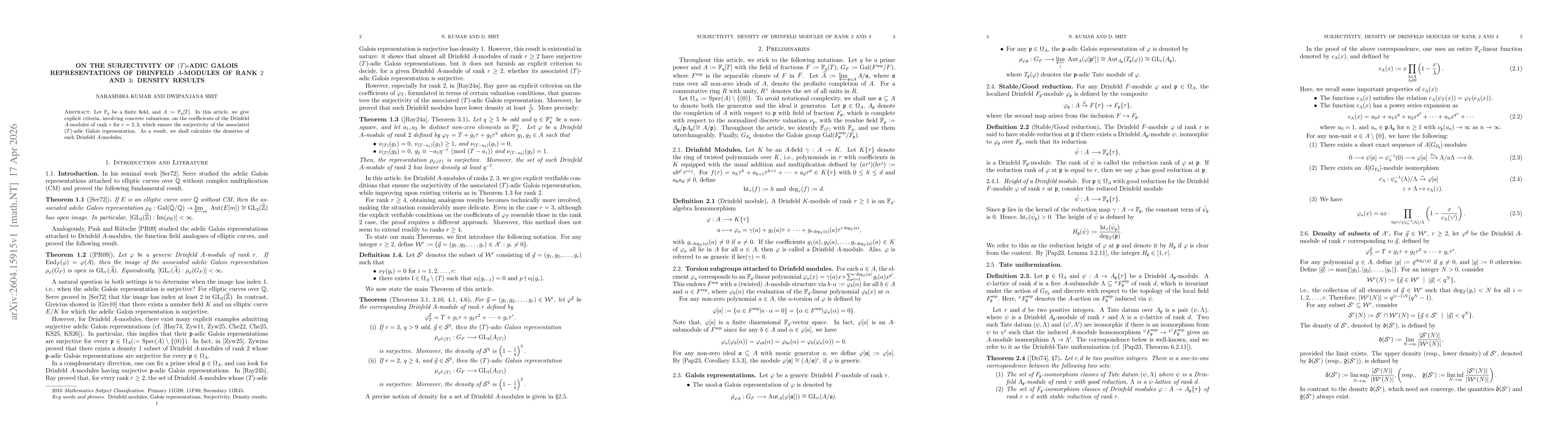 Thumbnail for On the surjectivity of $(T)$-adic Galois Representations of Drinfeld $A$-Modules of Rank 2 and 3: Density results