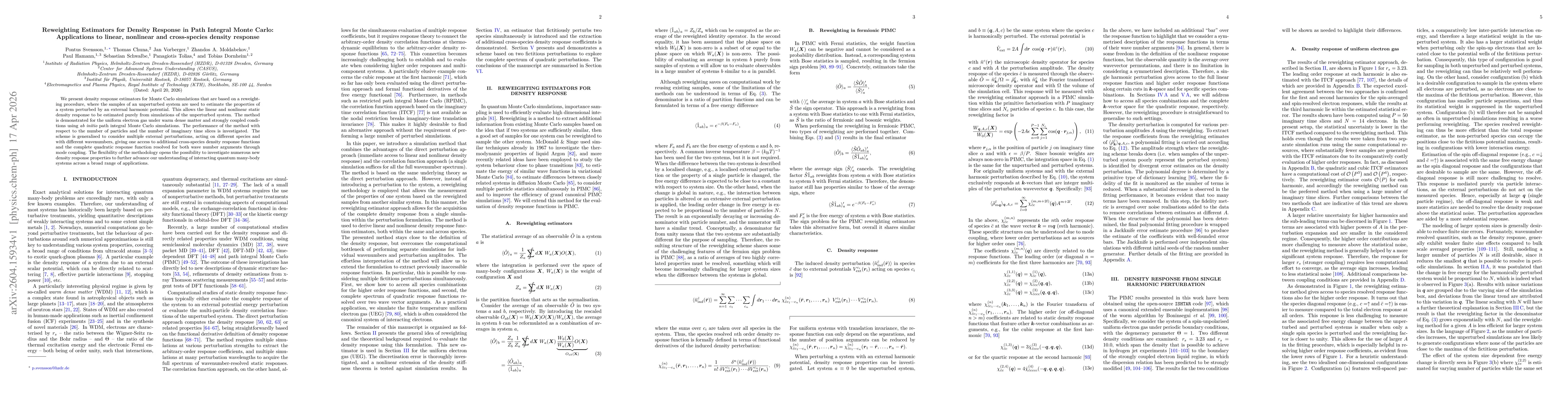 Thumbnail for Reweighting Estimators for Density Response in Path Integral Monte Carlo: Applications to linear, nonlinear and cross-species density response