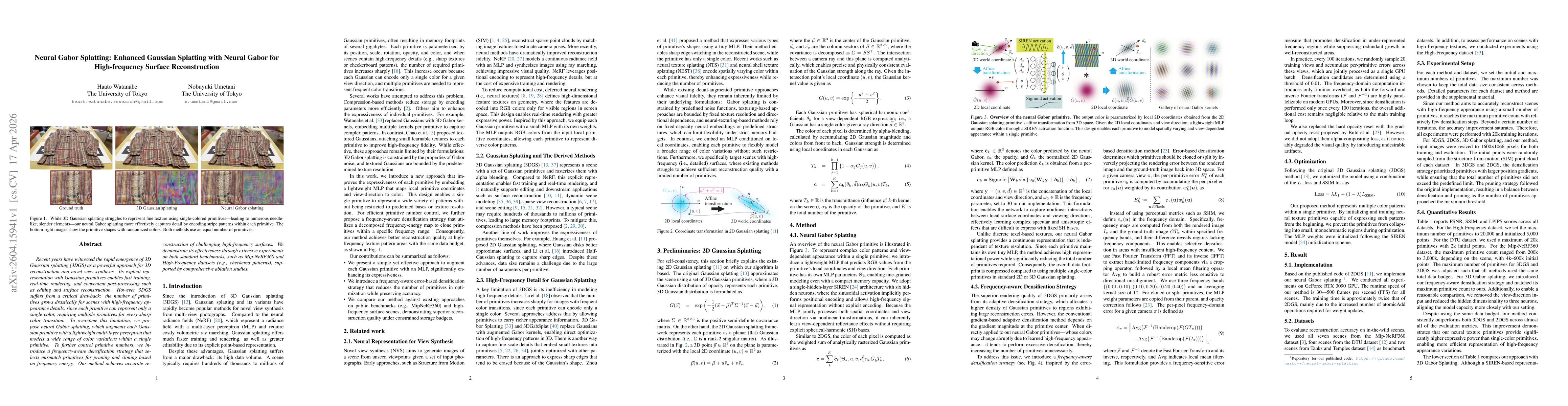 Thumbnail for Neural Gabor Splatting: Enhanced Gaussian Splatting with Neural Gabor for High-frequency Surface Reconstruction