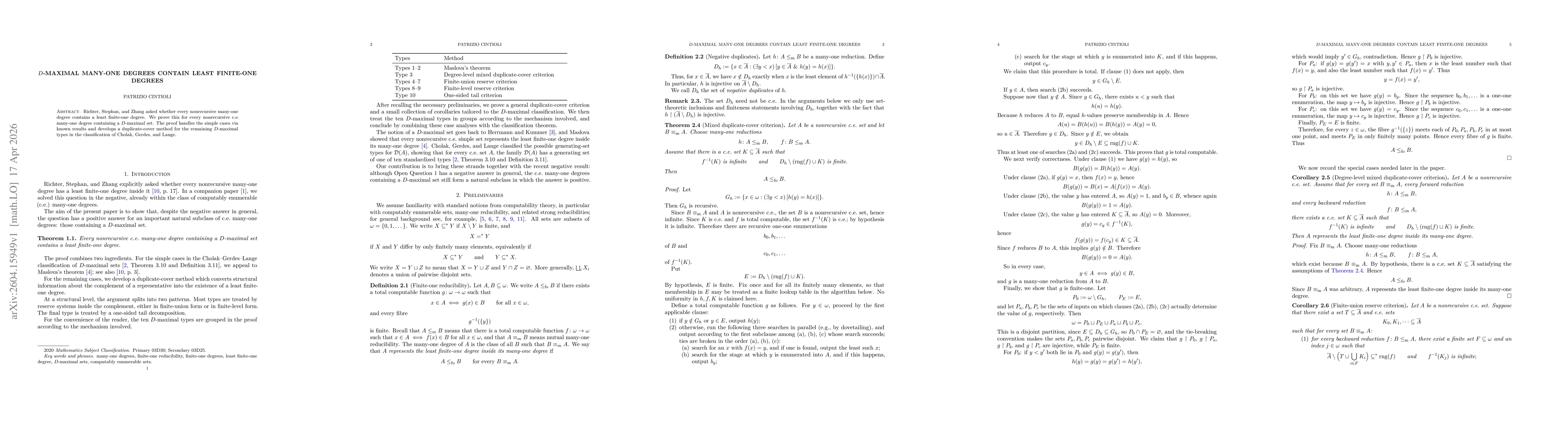 Thumbnail for \texorpdfstring{$D$}{D}-maximal many-one degrees contain least finite-one degrees