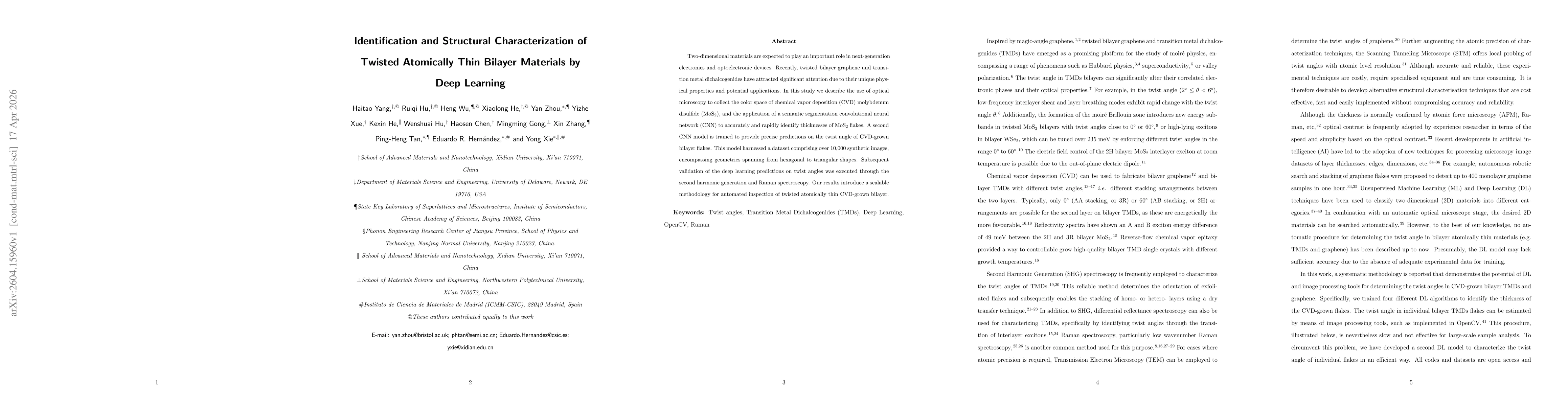Thumbnail for Identification and Structural Characterization of Twisted Atomically Thin Bilayer Materials by Deep Learning