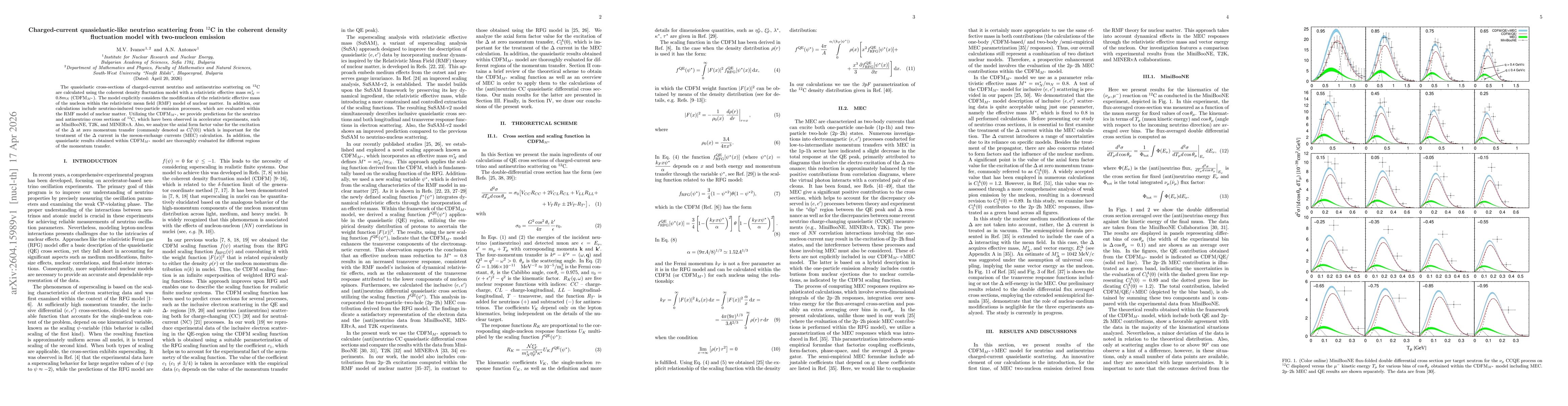 Thumbnail for Charged-current quasielastic-like neutrino scattering from $^{12}$C in the coherent density fluctuation model with two-nucleon emission