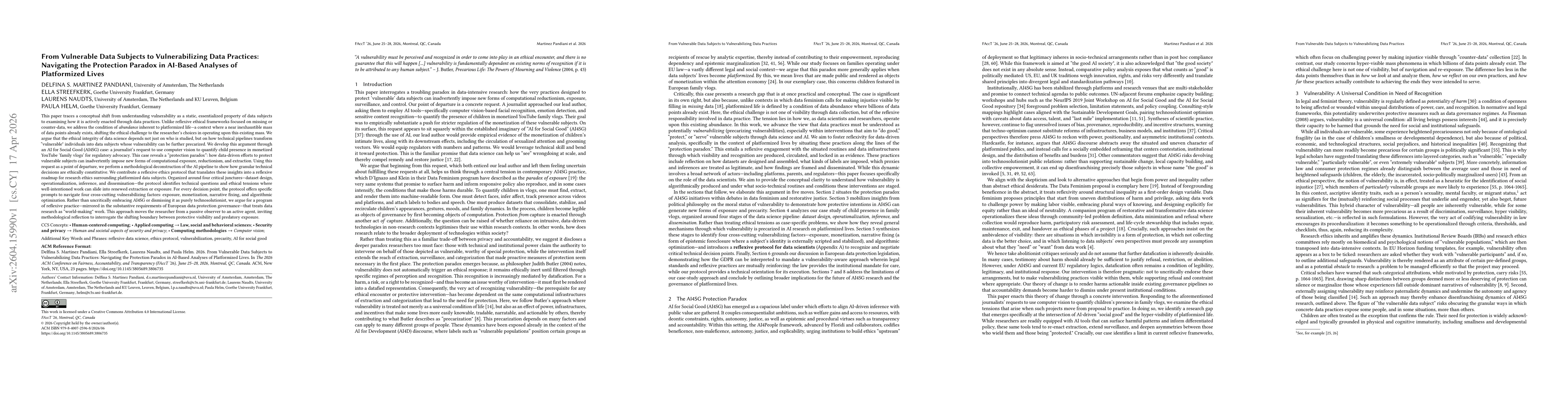 Thumbnail for From Vulnerable Data Subjects to Vulnerabilizing Data Practices: Navigating the Protection Paradox in AI-Based Analyses of Platformized Lives