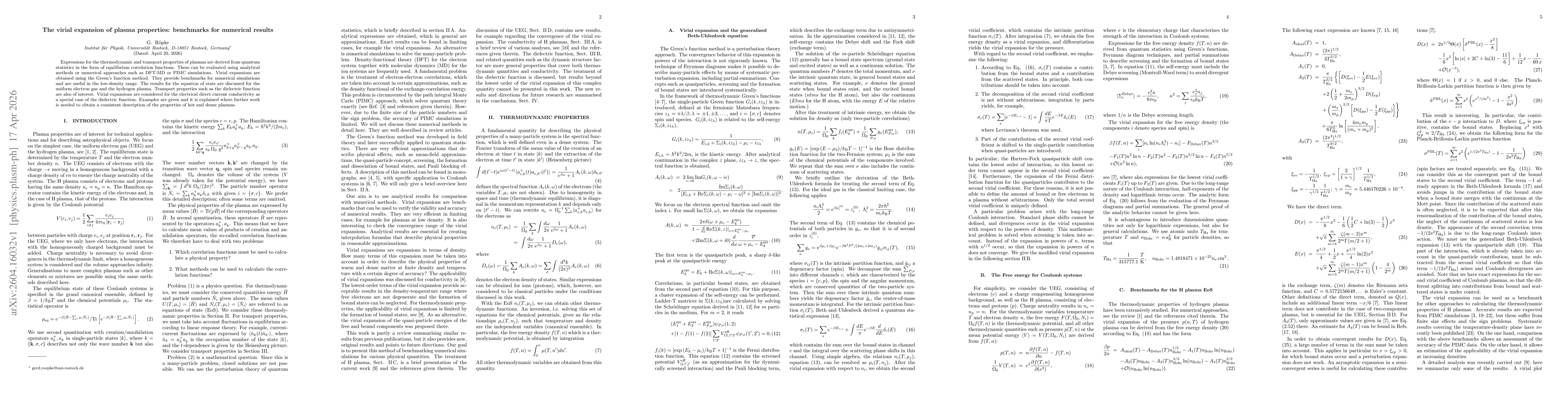 Thumbnail for The virial expansion of plasma properties: benchmarks for numerical results