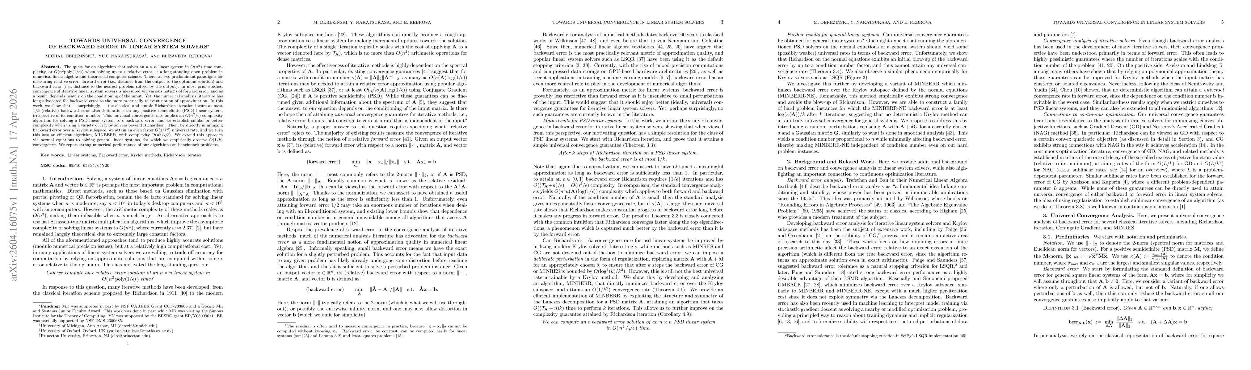 Thumbnail for Towards Universal Convergence of Backward Error in Linear System Solvers