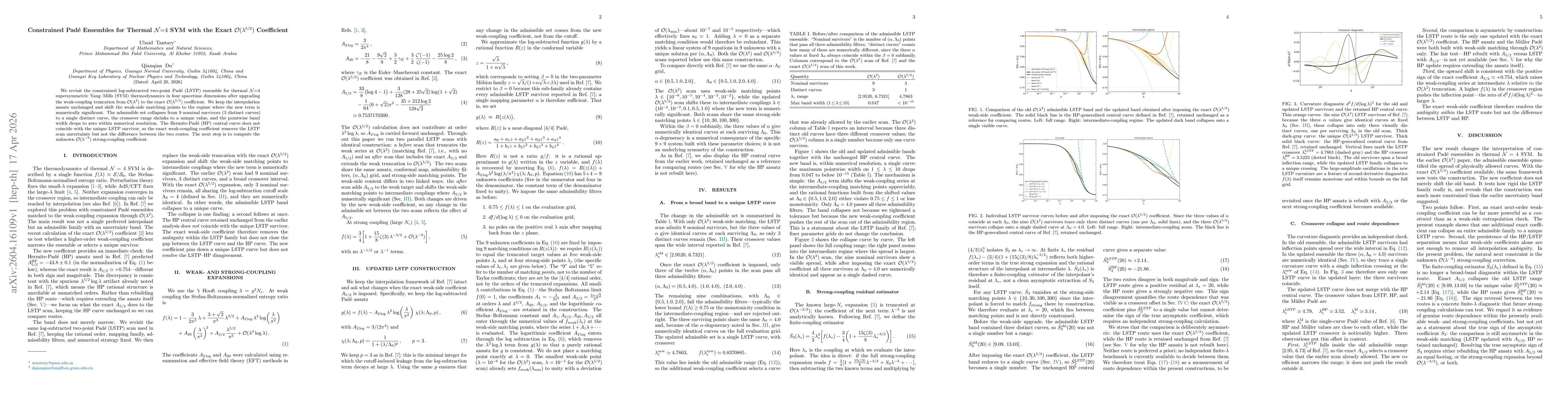 Thumbnail for Constrained Padé Ensembles for Thermal $\mathcal{N}{=}4$ SYM with the Exact $\mathcal O(λ^{5/2})$ Coefficient