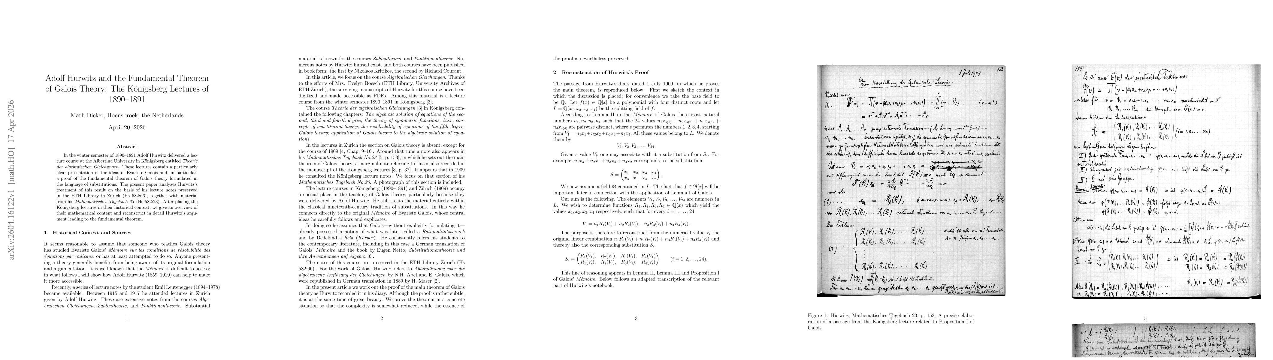 Thumbnail for Adolf Hurwitz and the Fundamental Theorem of Galois Theorie: The Königsberg Lectures of 1890-1891