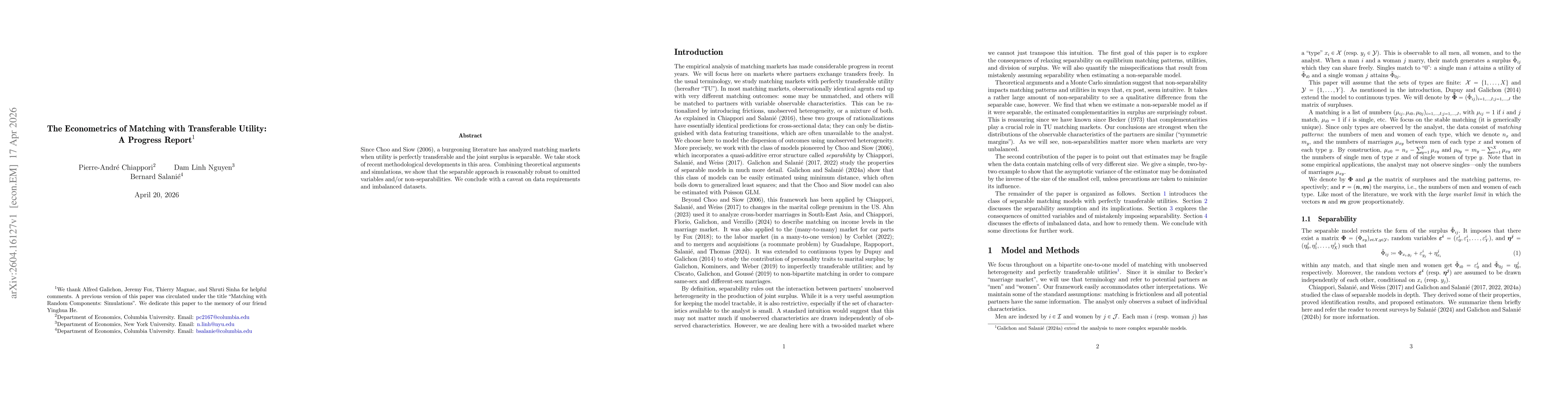 Thumbnail for The Econometrics of Matching with Transferable Utility: A Progress Report