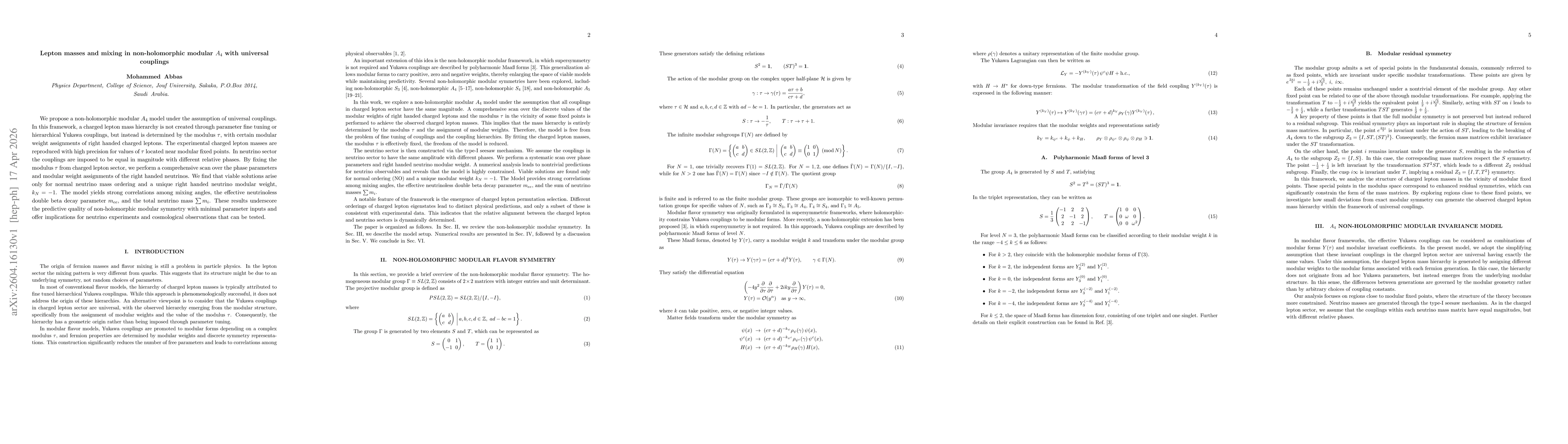 Thumbnail for Lepton masses and mixing in non-holomorphic modular $A_4$ with universal couplings