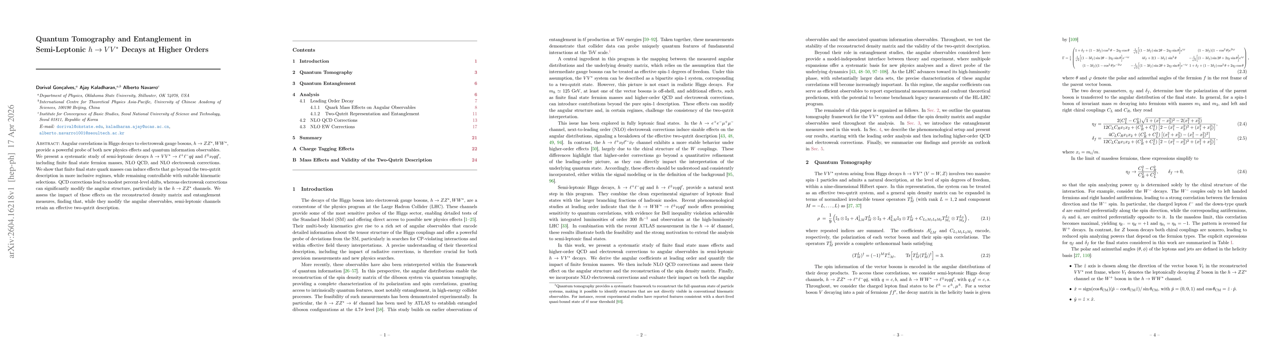 Thumbnail for Quantum Tomography and Entanglement in Semi-Leptonic $h\to VV^*$ Decays at Higher Orders
