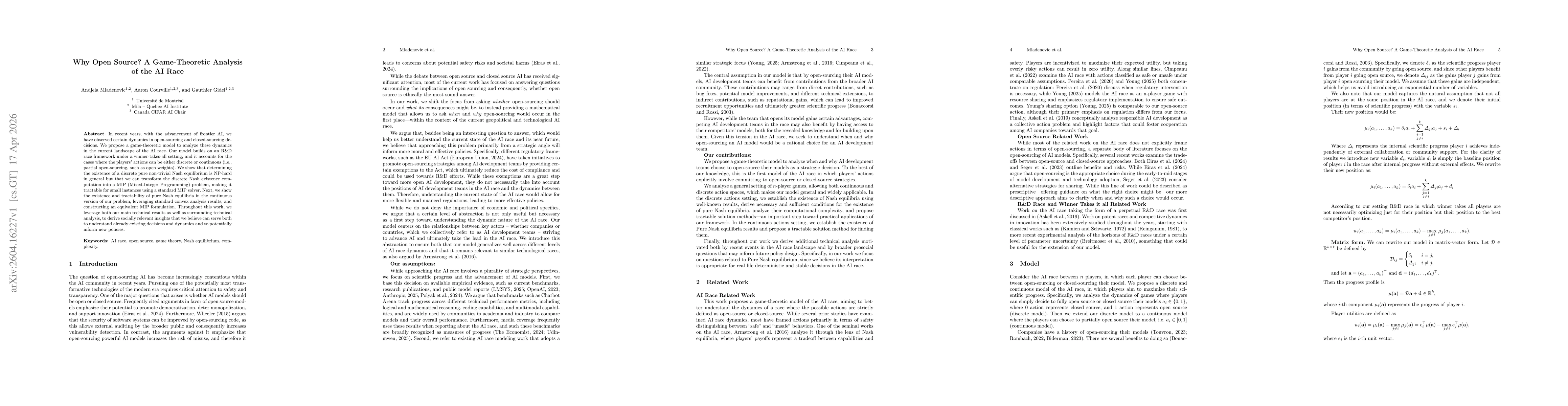 Thumbnail for Why Open Source? A Game-Theoretic Analysis of the AI Race