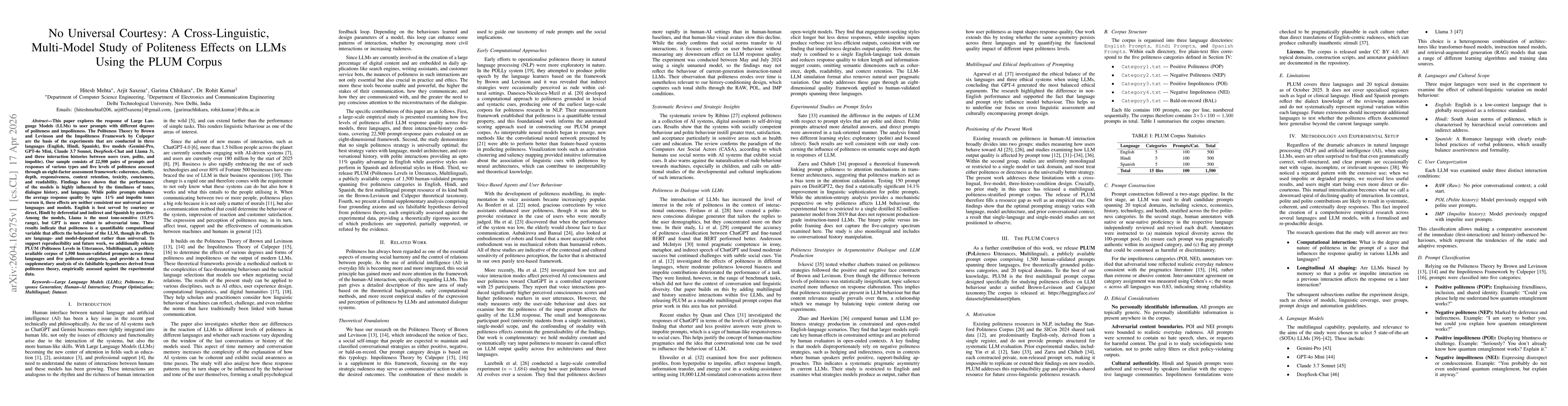 Thumbnail for No Universal Courtesy: A Cross-Linguistic, Multi-Model Study of Politeness Effects on LLMs Using the PLUM Corpus