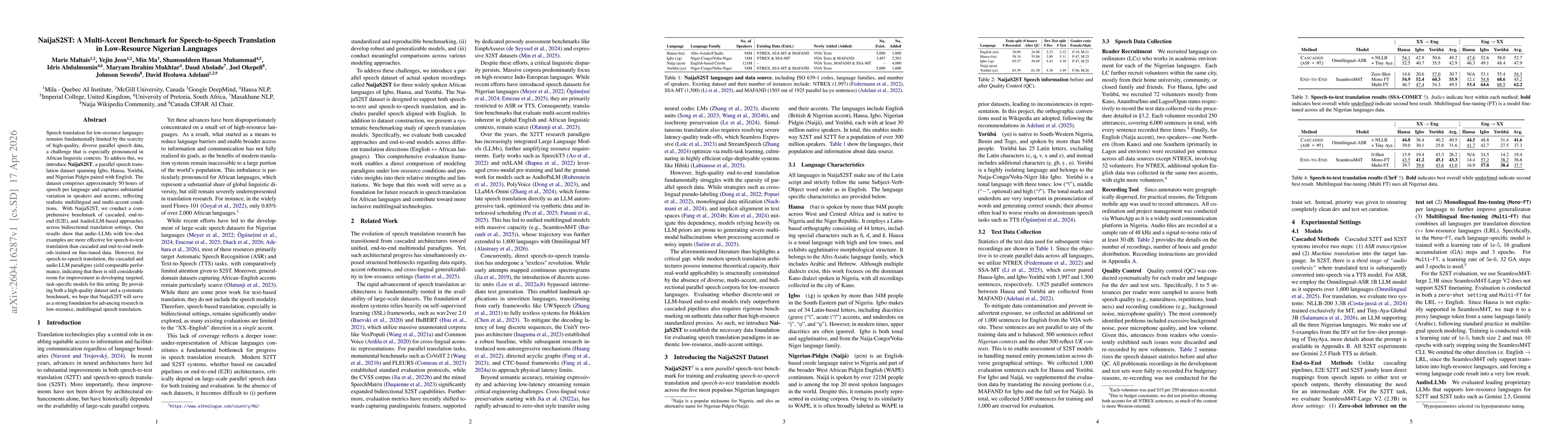Thumbnail for NaijaS2ST: A Multi-Accent Benchmark for Speech-to-Speech Translation in Low-Resource Nigerian Languages