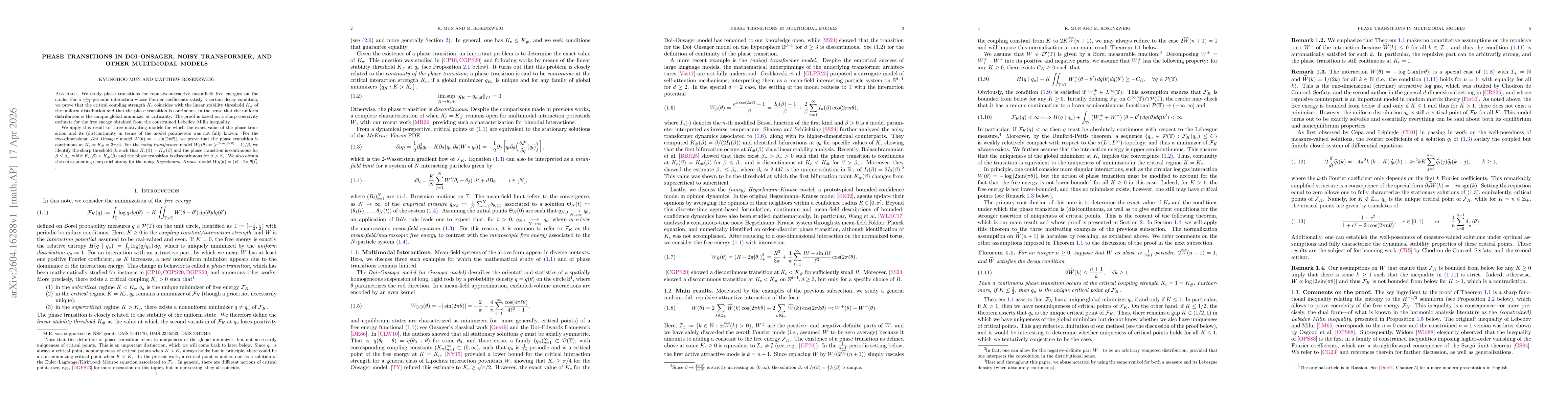 Thumbnail for Phase transitions in Doi-Onsager, Noisy Transformer, and other multimodal models