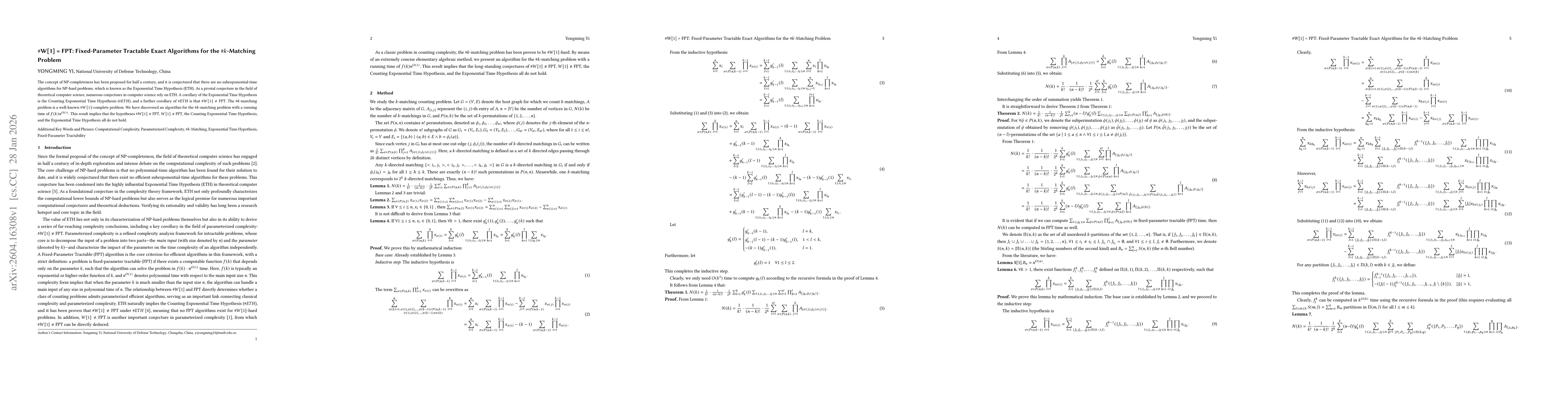 Thumbnail for $\#$W[1] = $\text{FPT}$: Fixed-Parameter Tractable Exact Algorithms for the $\#k$-Matching Problem