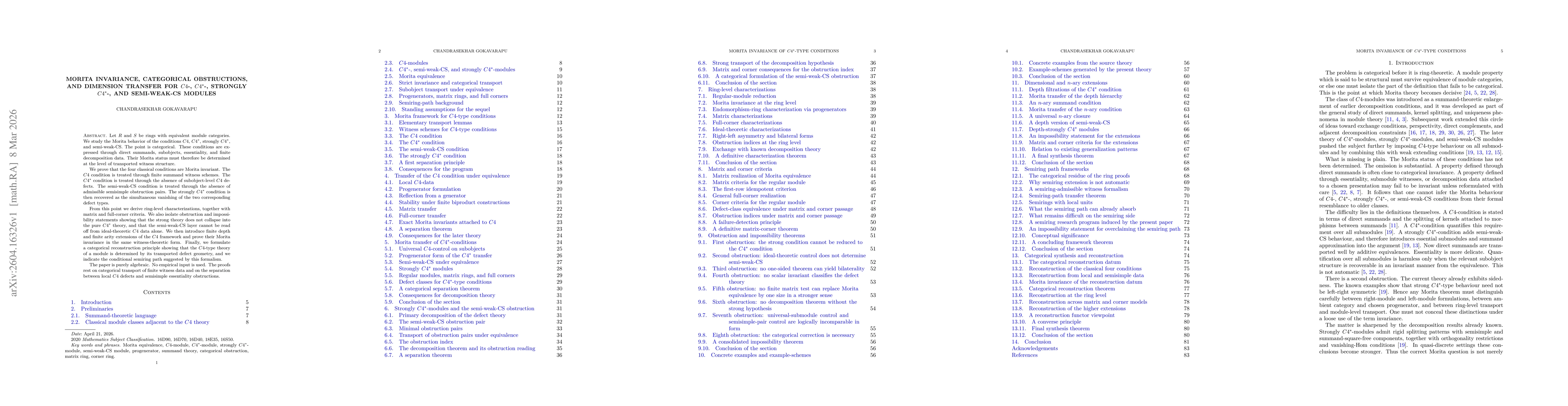 Thumbnail for Morita Invariance, Categorical Obstructions, and Dimension Transfer for \texorpdfstring{$C4$}{C4}, \texorpdfstring{$C4^{\ast}$}{C4*}, Strongly \texorpdfstring{$C4^{\ast}$}{C4*}, and Semi-Weak-CS Modules