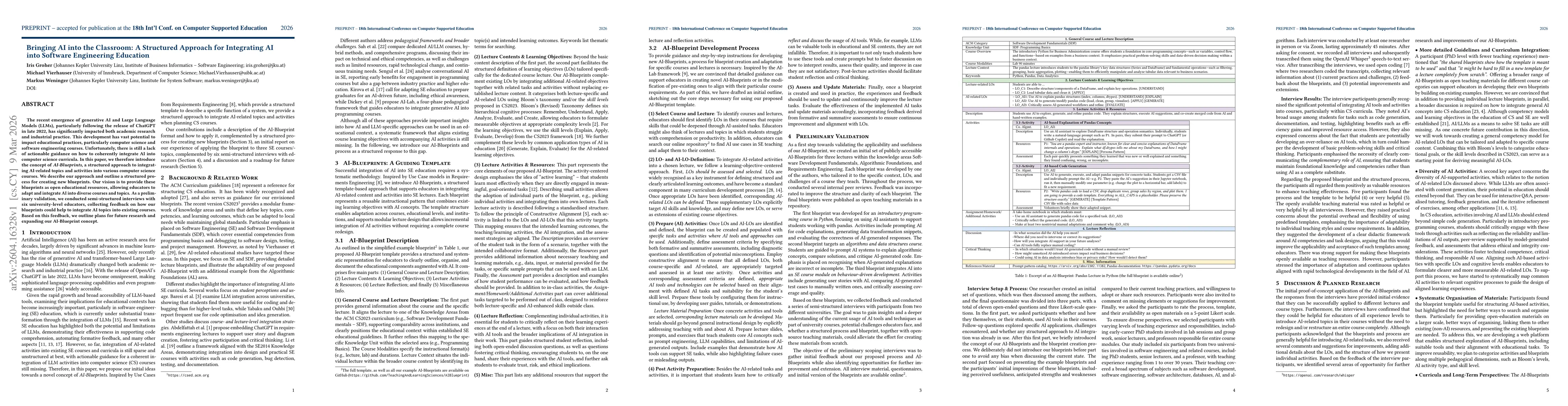 Thumbnail for Bringing AI into the Classroom: A Structured Approach for Integrating AI into Software Engineering Education