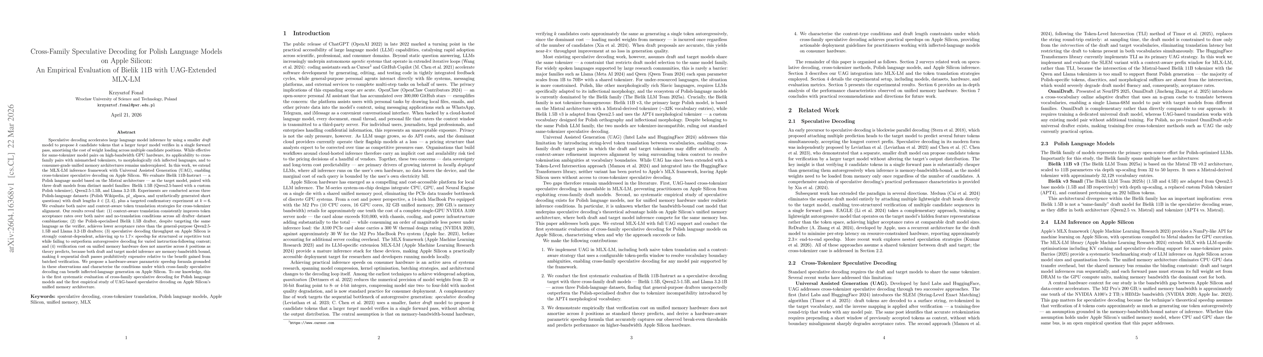 Thumbnail for Cross-Family Speculative Decoding for Polish Language Models on Apple~Silicon: An Empirical Evaluation of Bielik~11B with UAG-Extended MLX-LM