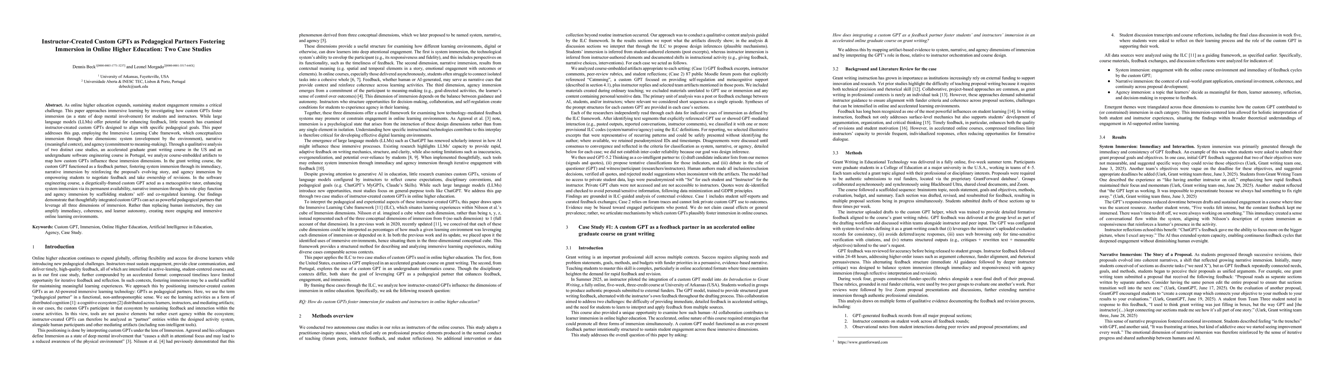 Thumbnail for Instructor-Created Custom GPTs as Pedagogical Partners Fostering Immersion in Online Higher Education: Two Case Studies
