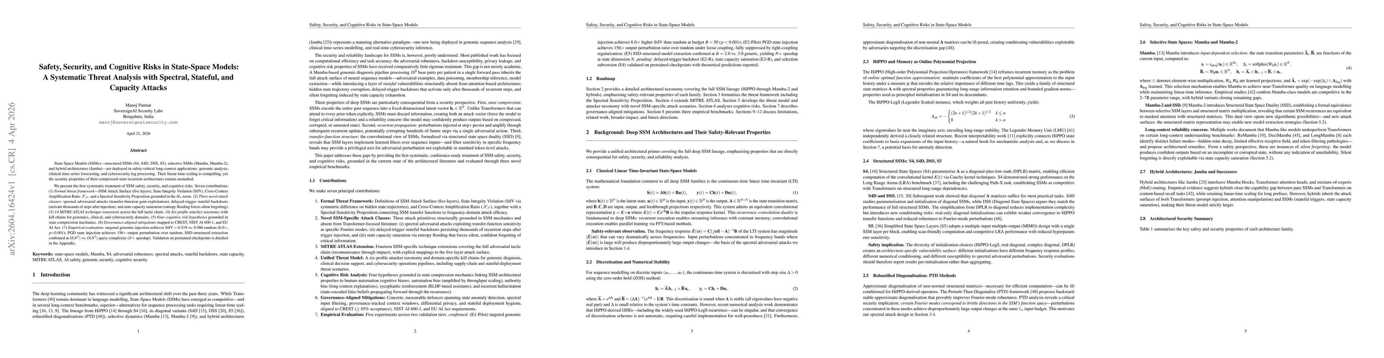 Thumbnail for Safety, Security, and Cognitive Risks in State-Space Models: A Systematic Threat Analysis with Spectral, Stateful, and Capacity Attacks