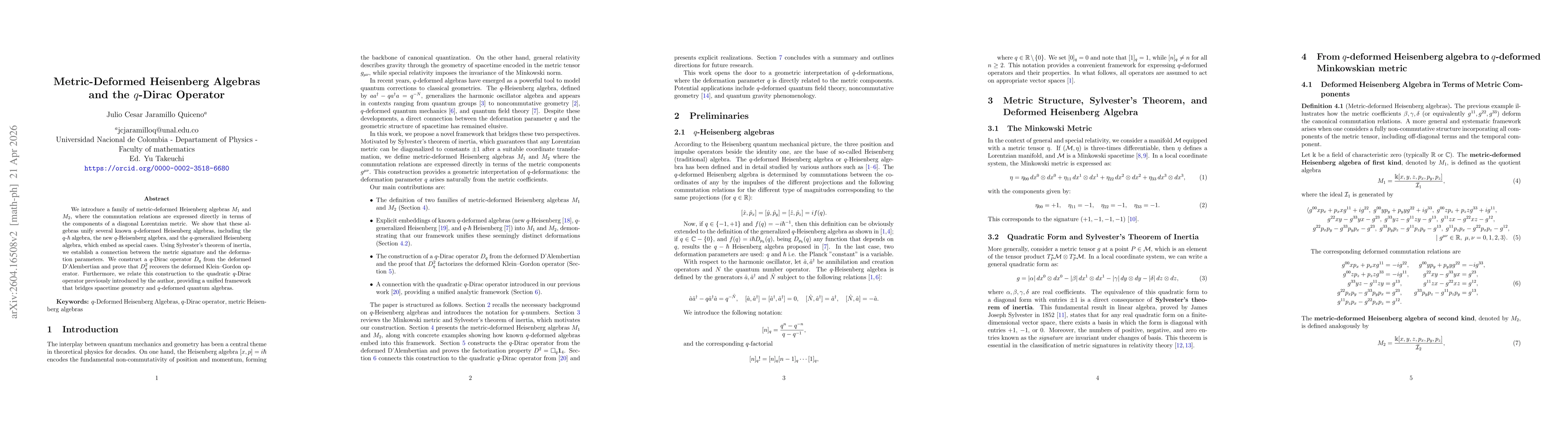 Thumbnail for Metric-Deformed Heisenberg Algebras and the $q$-Dirac Operator