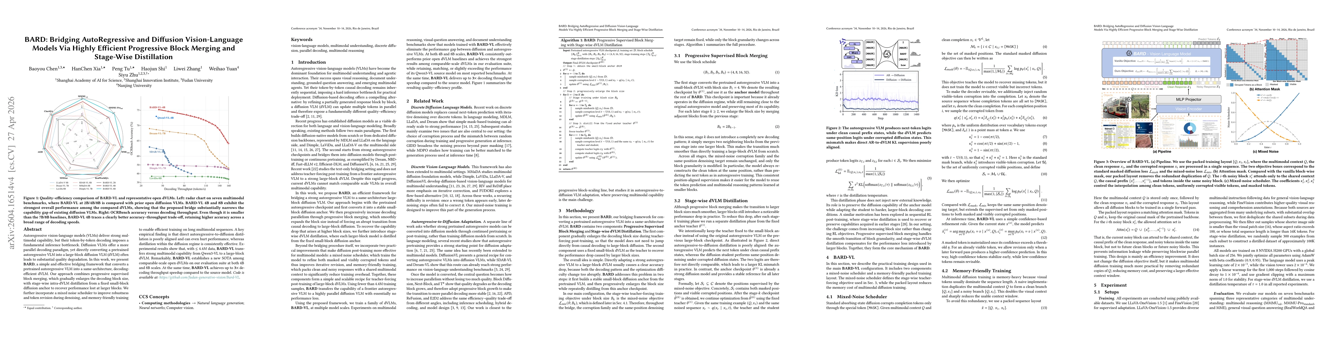 Thumbnail for BARD: Bridging AutoRegressive and Diffusion Vision-Language Models Via Highly Efficient Progressive Block Merging and Stage-Wise Distillation