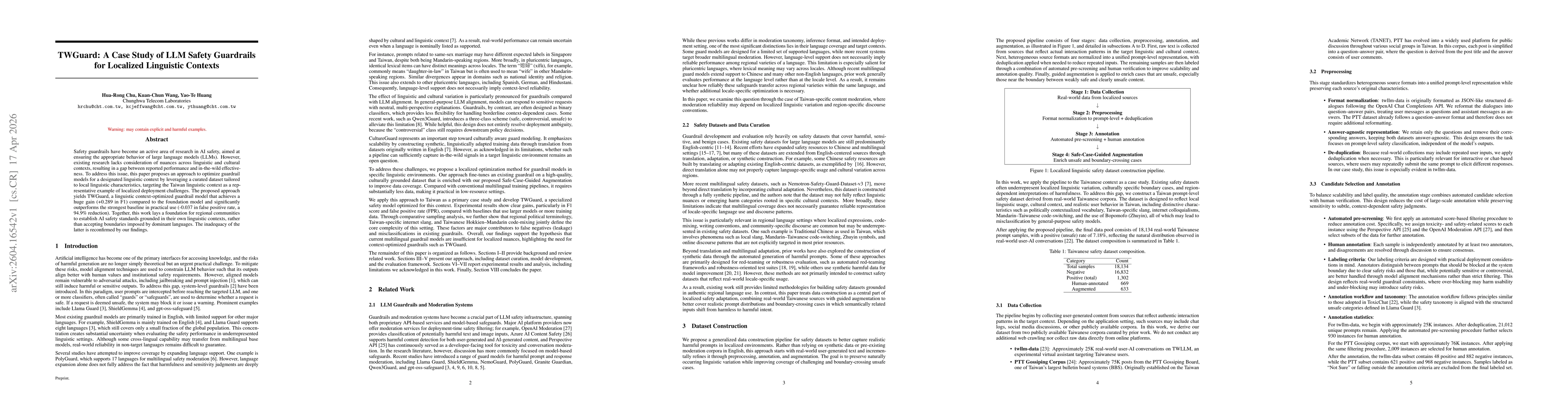 Thumbnail for TWGuard: A Case Study of LLM Safety Guardrails for Localized Linguistic Contexts