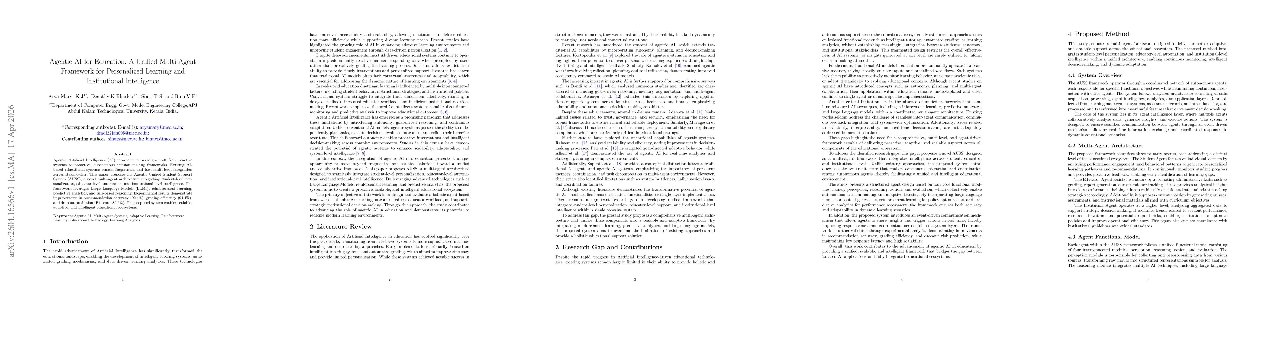 Thumbnail for Agentic AI for Education: A Unified Multi-Agent Framework for Personalized Learning and Institutional Intelligence