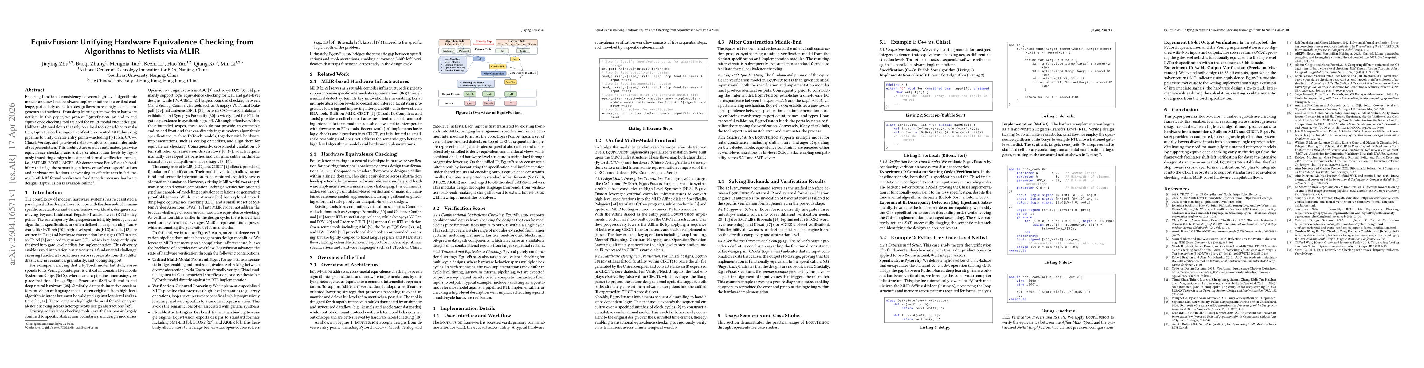 Thumbnail for EquivFusion: Unifying Hardware Equivalence Checking from Algorithms to Netlists via MLIR