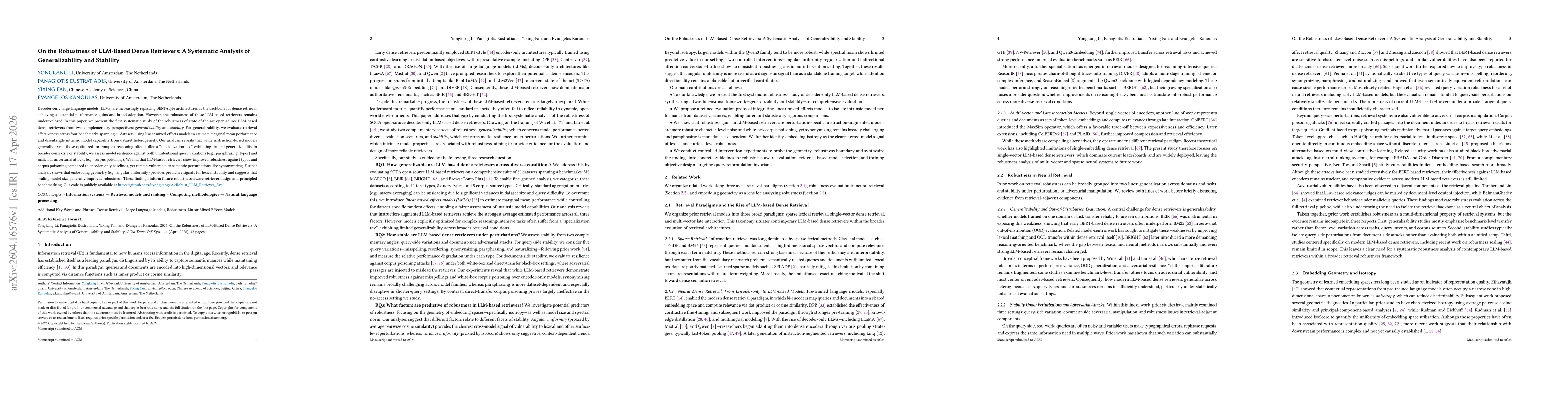 Thumbnail for On the Robustness of LLM-Based Dense Retrievers: A Systematic Analysis of Generalizability and Stability