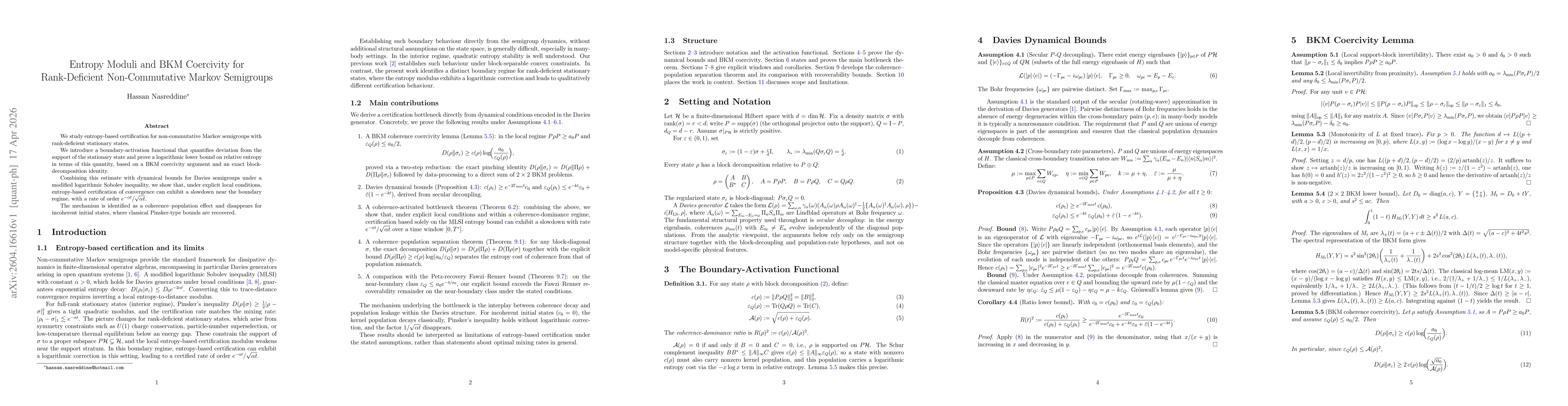 Thumbnail for Entropy Moduli and BKM Coercivity for Rank-Deficient Non-Commutative Markov Semigroups
