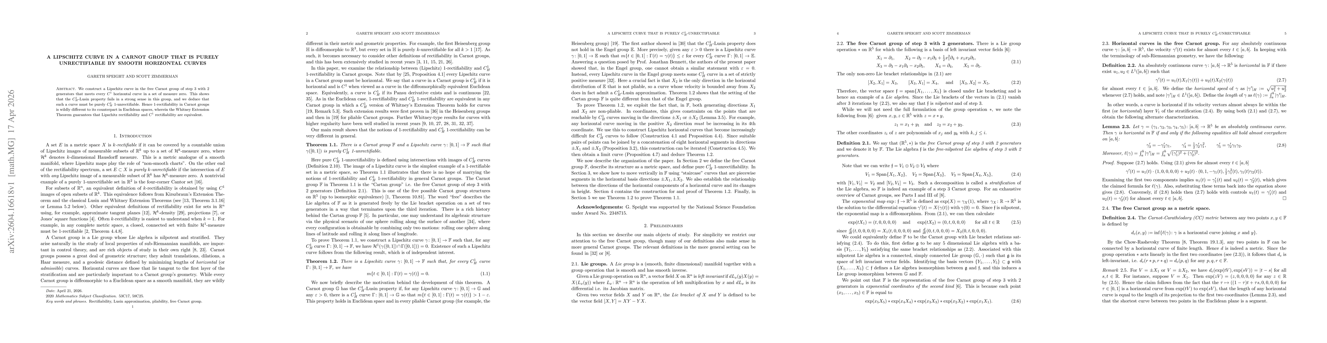 Thumbnail for A Lipschitz curve in a Carnot group that is purely unrectifiable by smooth horizontal curves