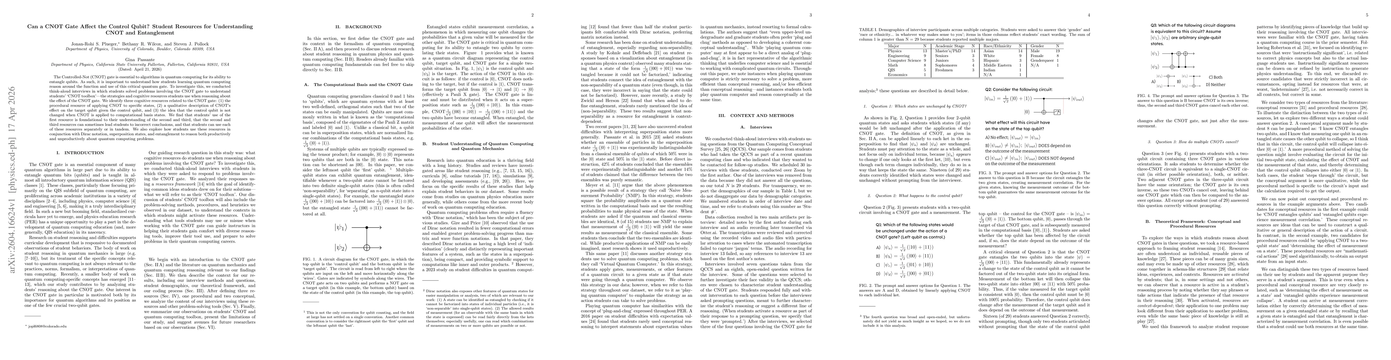Thumbnail for Can a CNOT Gate Affect the Control Qubit? Student Resources for Understanding CNOT and Entanglement