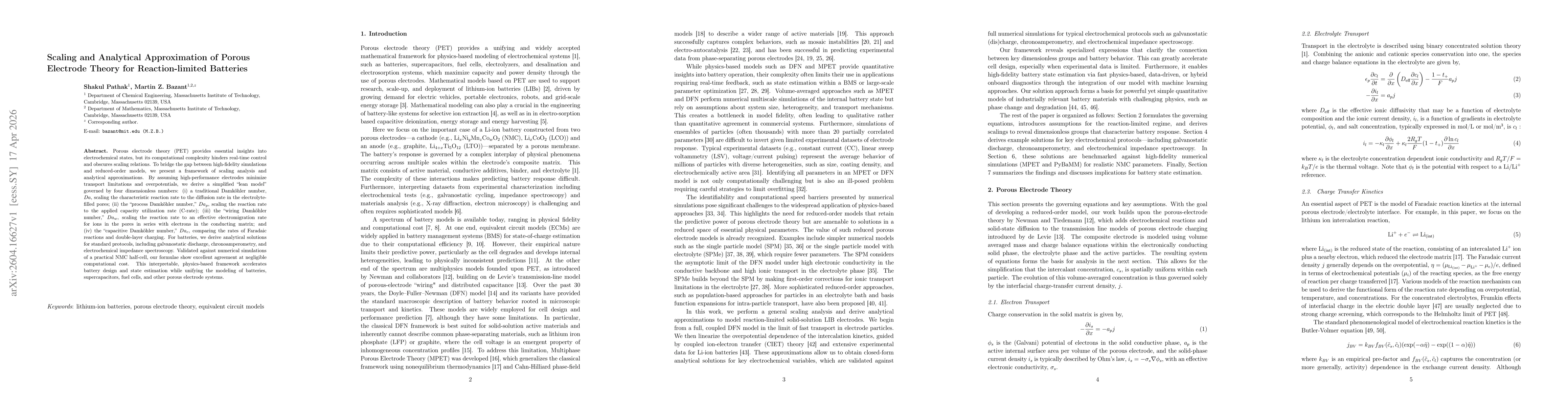 Thumbnail for Scaling and Analytical Approximation of Porous Electrode Theory for Reaction-limited Batteries