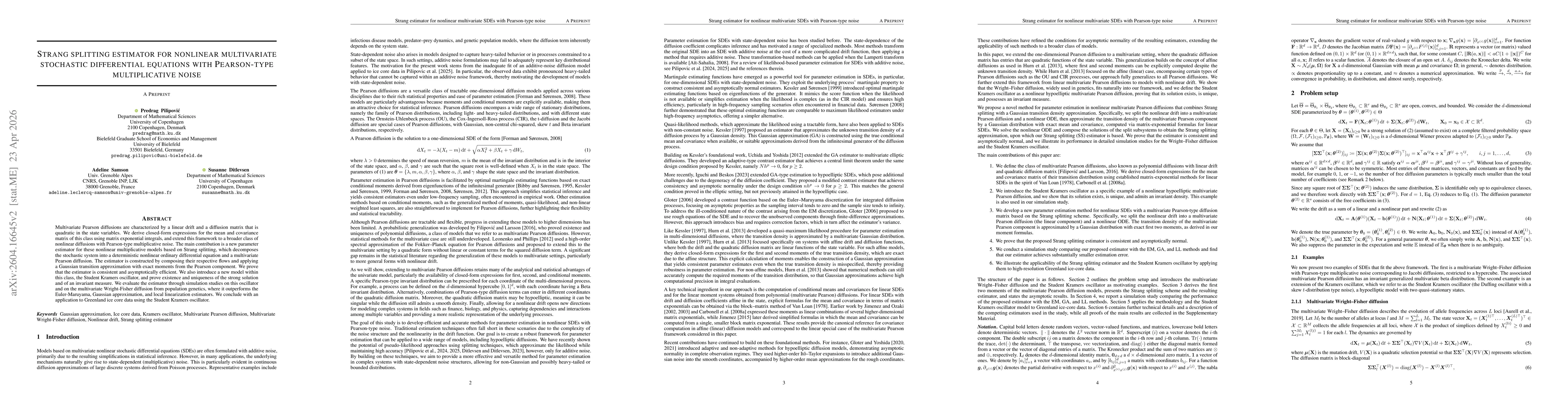 Thumbnail for Strang splitting estimator for nonlinear multivariate stochastic differential equations with Pearson-type multiplicative noise