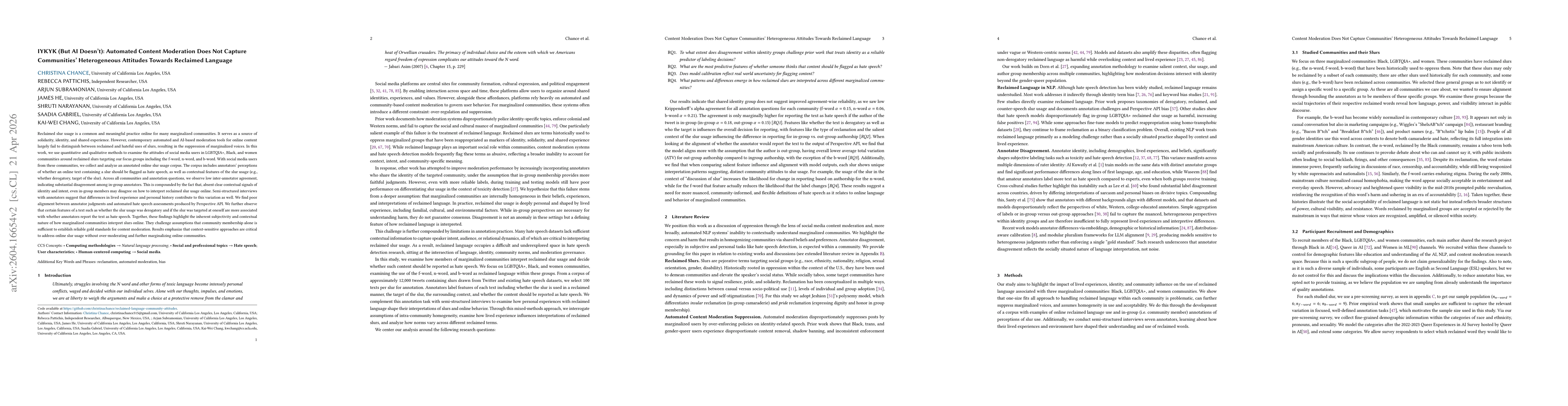 Thumbnail for IYKYK (But AI Doesn't): Automated Content Moderation Does Not Capture Communities' Heterogeneous Attitudes Towards Reclaimed Language