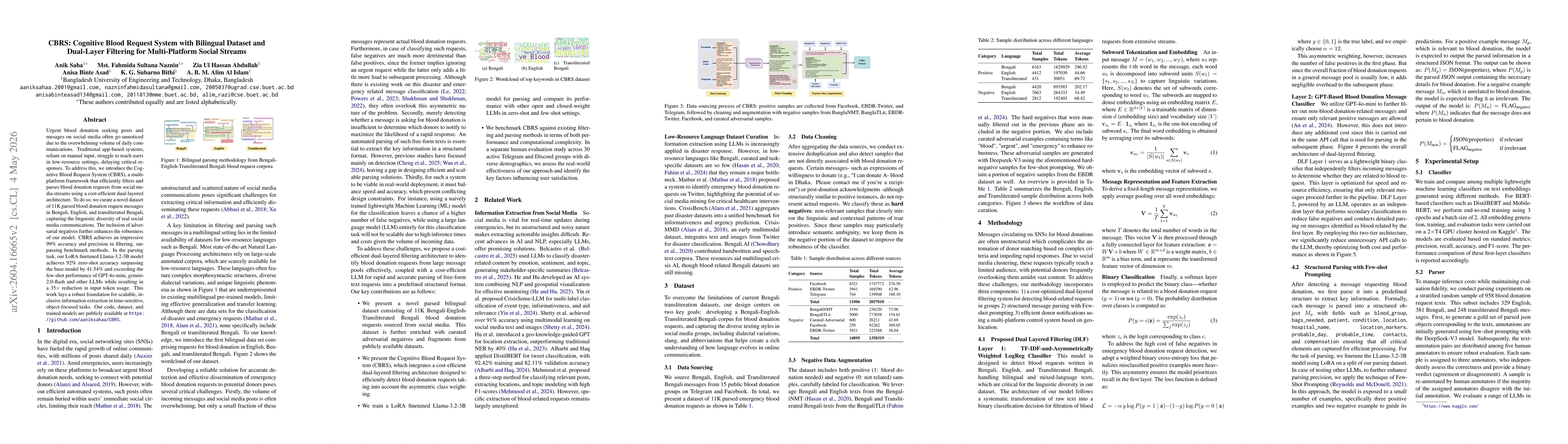 Thumbnail for CBRS: Cognitive Blood Request System with Bilingual Dataset and Dual-Layer Filtering for Multi-Platform Social Streams