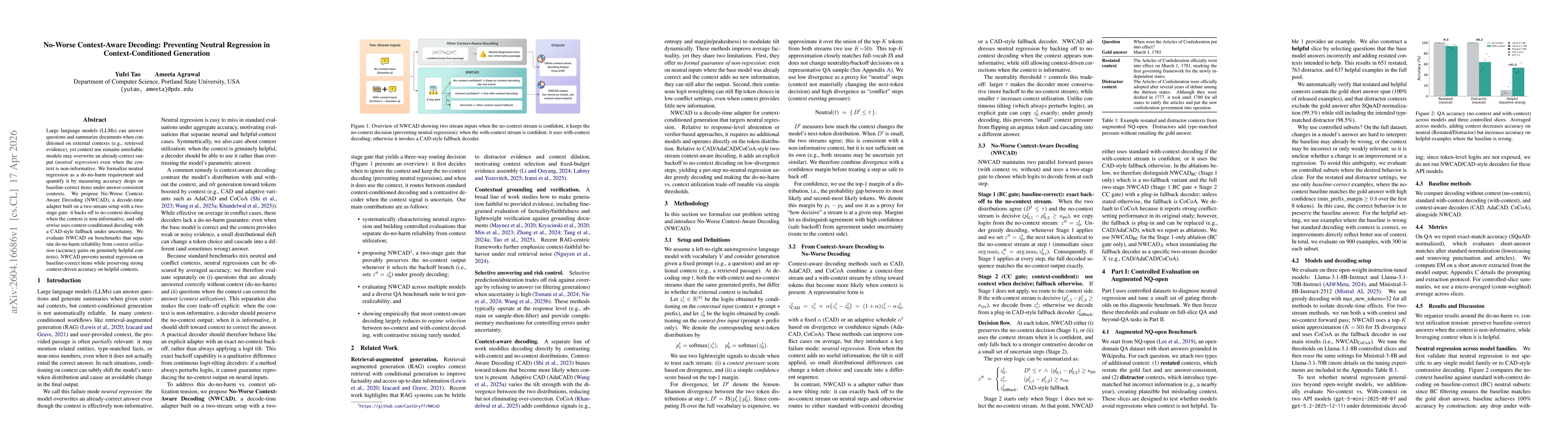 Thumbnail for No-Worse Context-Aware Decoding: Preventing Neutral Regression in Context-Conditioned Generation