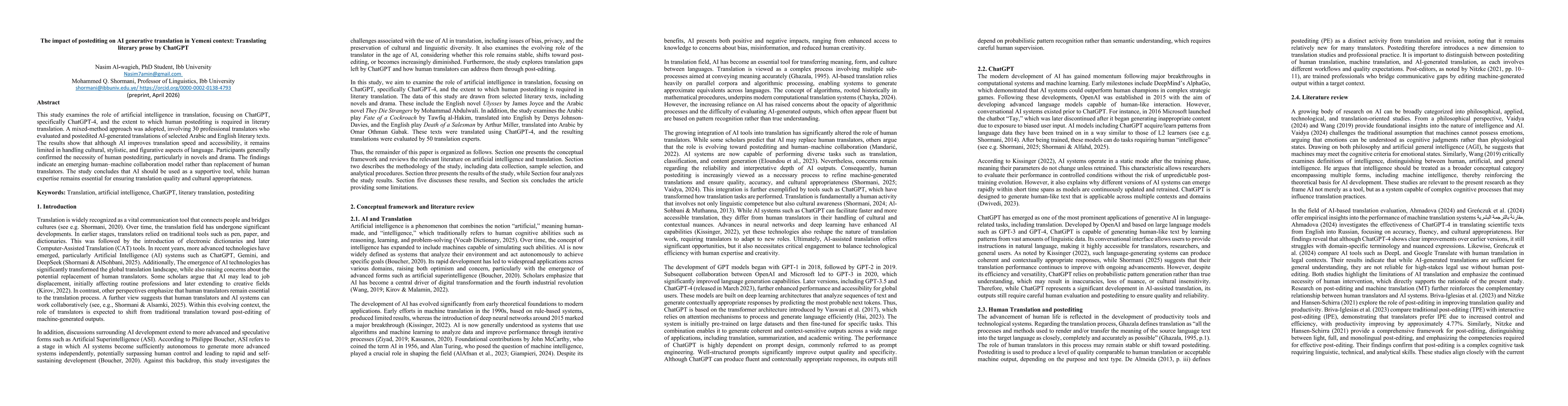 Thumbnail for The impact of postediting on AI generative translation in Yemeni context: Translating literary prose by ChatGPT