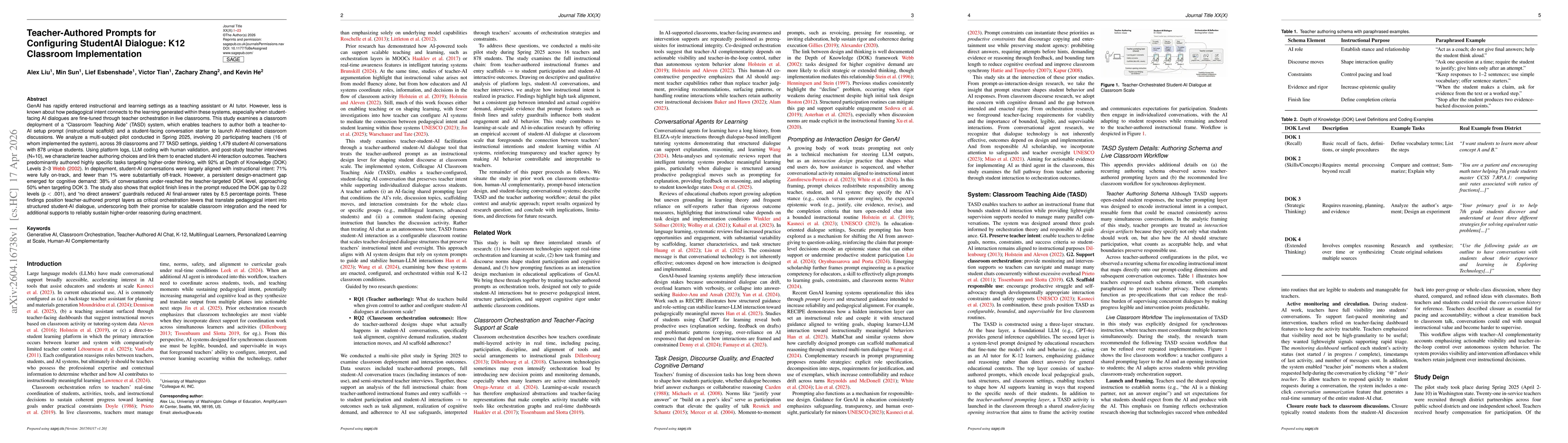 Thumbnail for Teacher-Authored Prompts for Configuring Student-AI Dialogue: K-12 Classroom Implementation