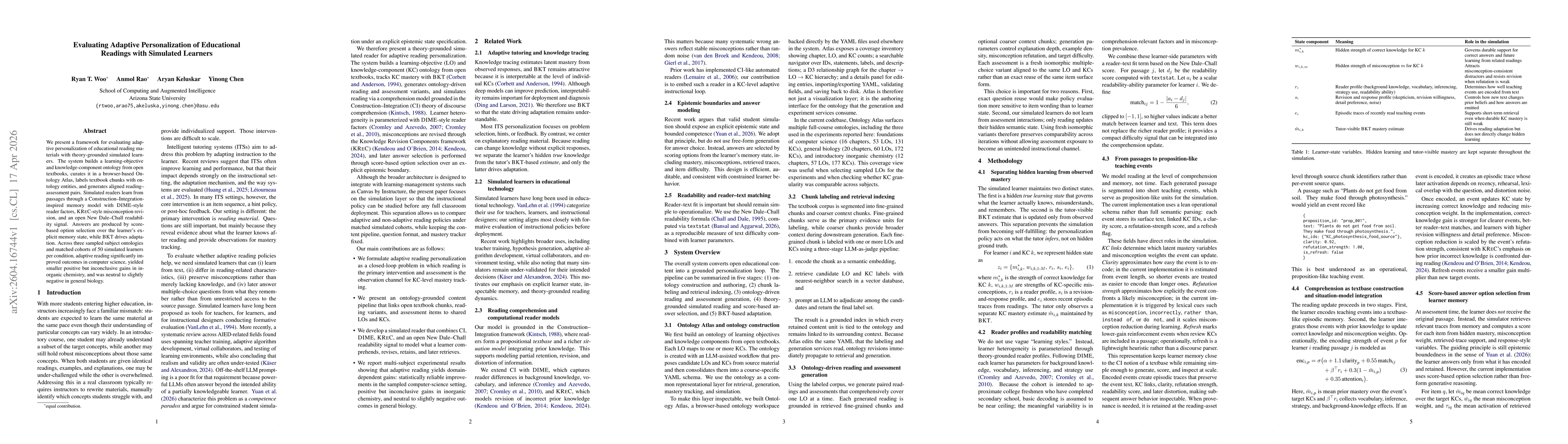 Thumbnail for Evaluating Adaptive Personalization of Educational Readings with Simulated Learners