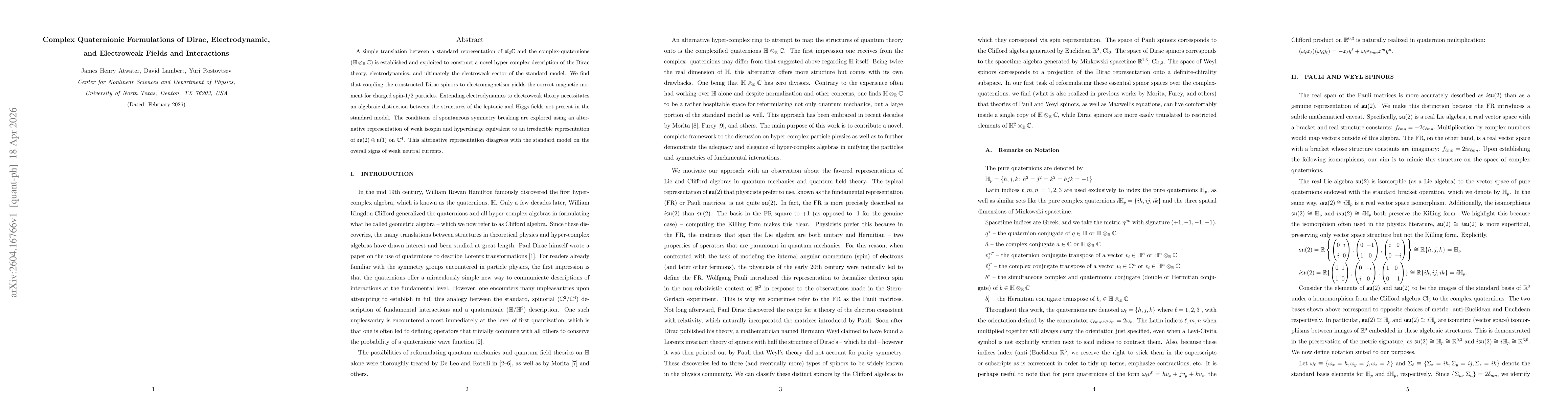 Thumbnail for Complex Quaternionic Formulations of Dirac, Electrodynamic, and Electroweak Fields and Interactions