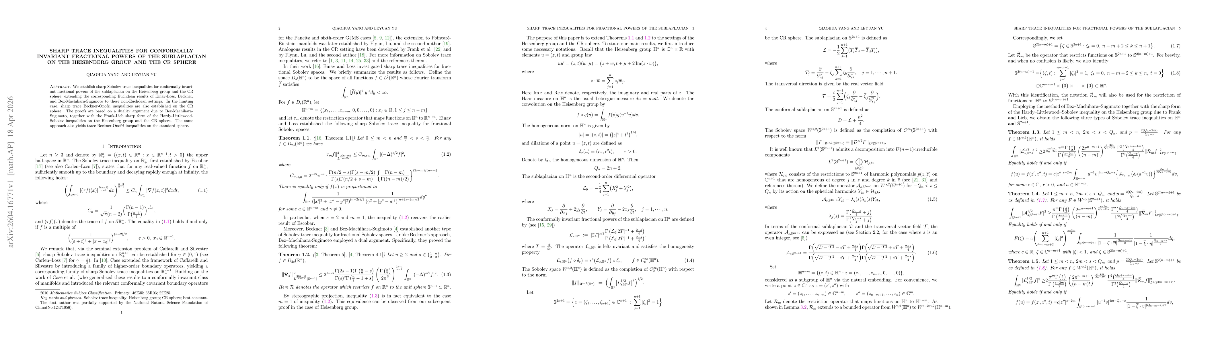 Thumbnail for Sharp trace inequalities for conformally invariant fractional powers of the sublaplacian on the Heisenberg group and the CR sphere