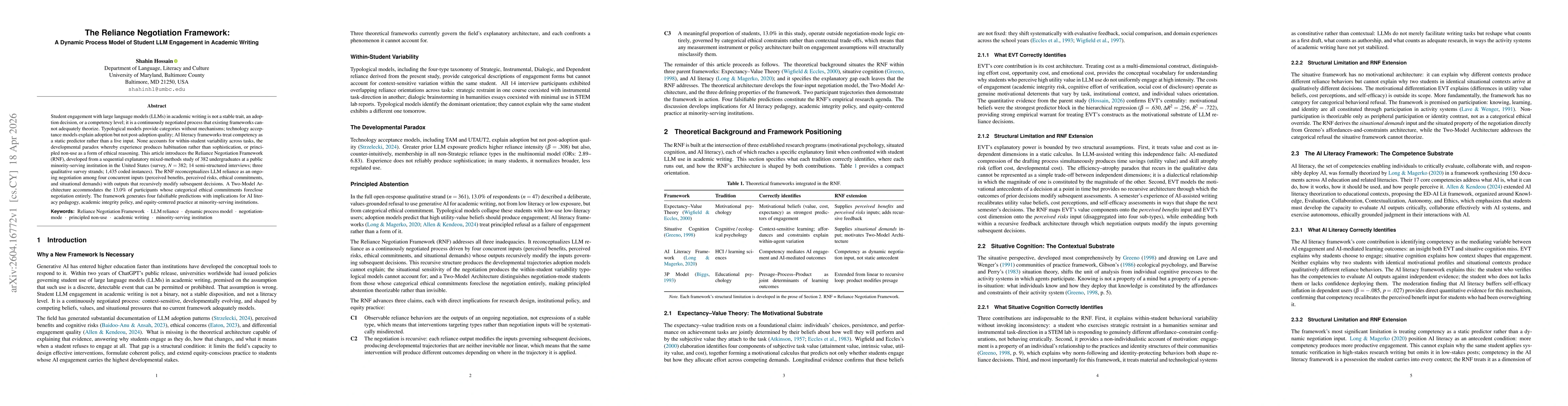 Thumbnail for The Reliance Negotiation Framework: A Dynamic Process Model of Student LLM Engagement in Academic Writing