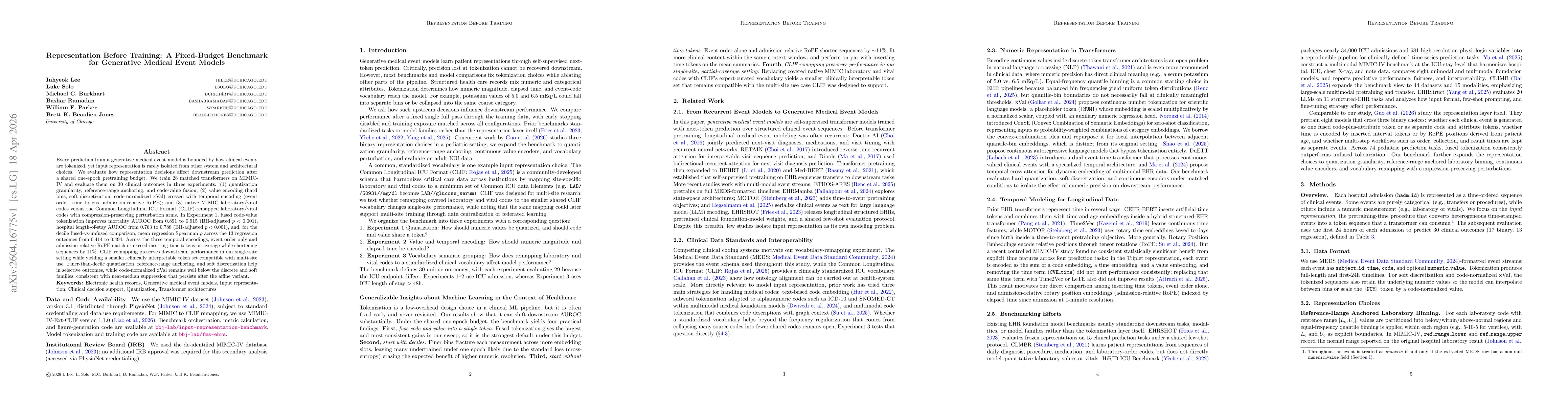 Thumbnail for Representation Before Training: A Fixed-Budget Benchmark for Generative Medical Event Models