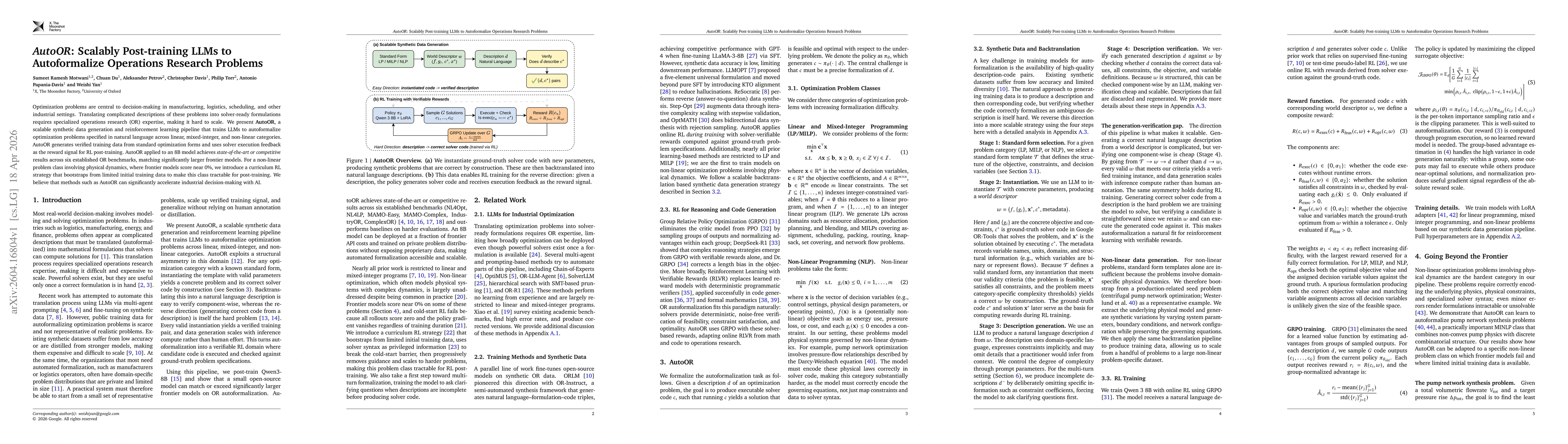 Thumbnail for AutoOR: Scalably Post-training LLMs to Autoformalize Operations Research Problems