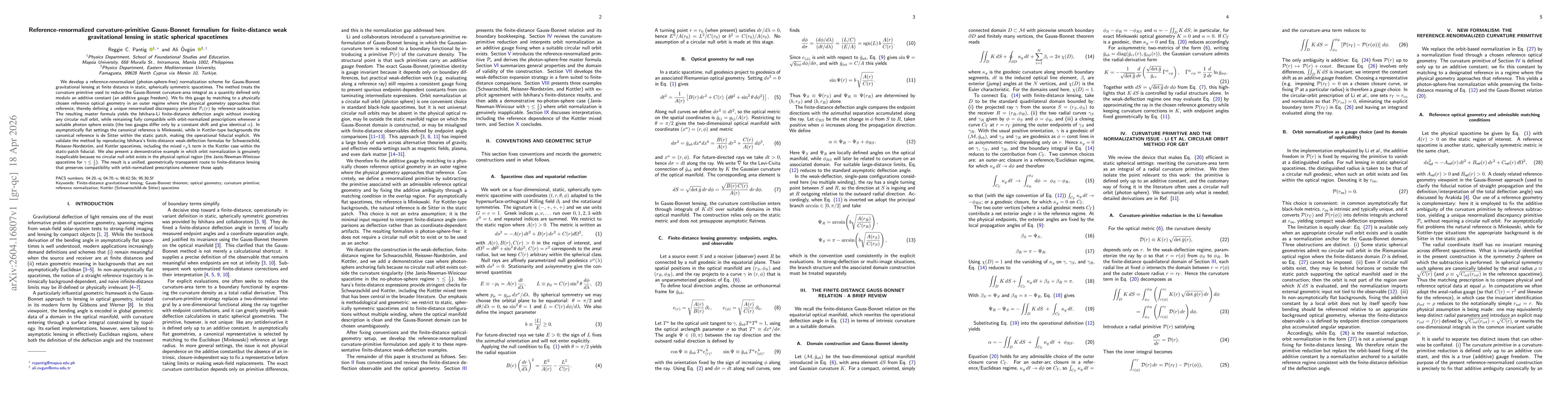 Thumbnail for Reference-renormalized curvature-primitive Gauss-Bonnet formalism for finite-distance weak gravitational lensing in static spherical spacetimes