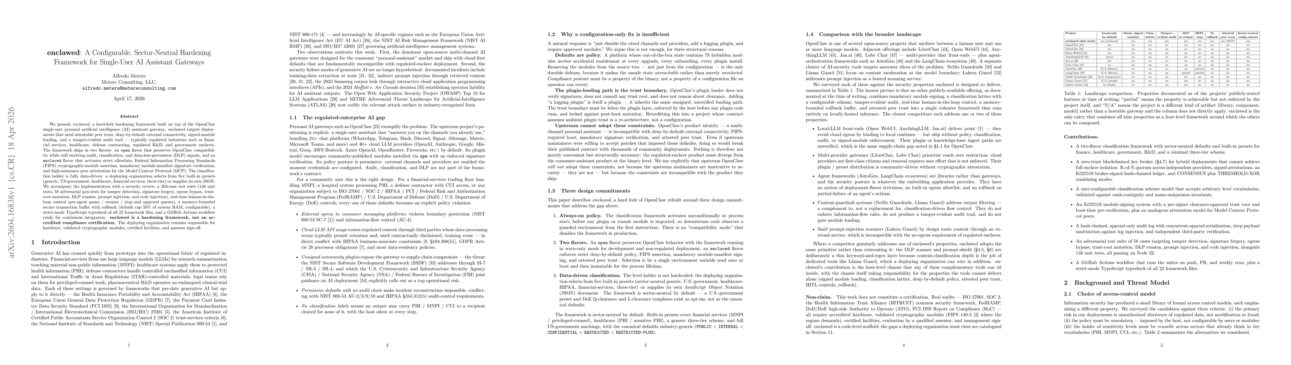 Thumbnail for enclawed: A Configurable, Sector-Neutral Hardening Framework for Single-User AI Assistant Gateways