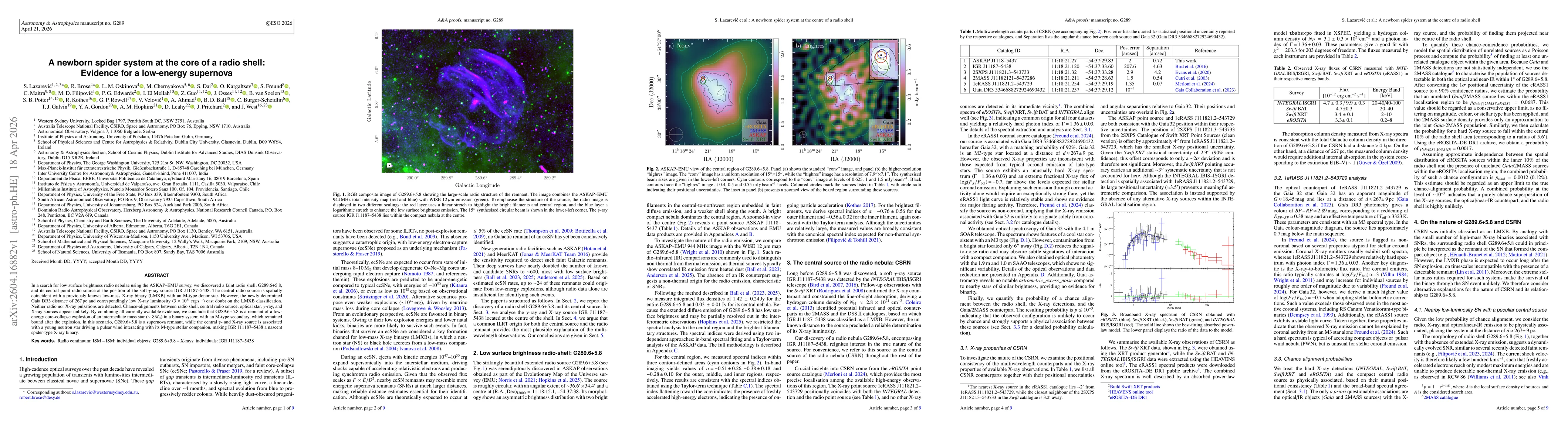 Thumbnail for A newly born spider system at the core of a radio shell: Evidence for a low-energy supernova