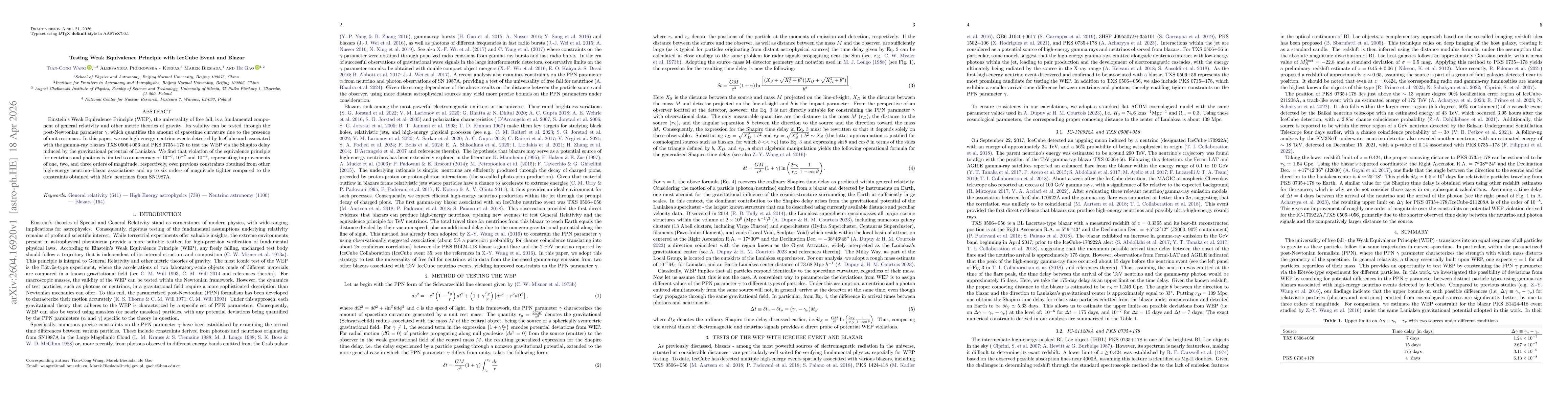 Thumbnail for Testing Weak Equivalence Principle with IceCube Event and Blazar